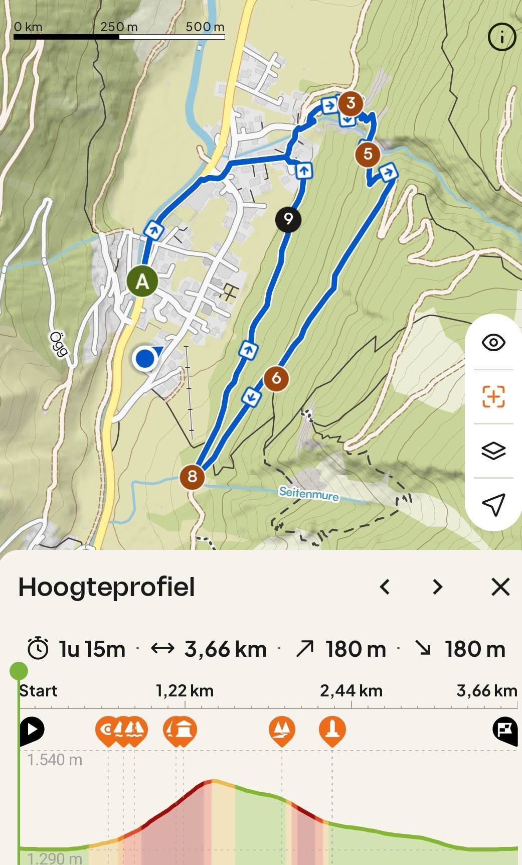 Kan een afbeelding zijn van ‎kaart en ‎de tekst '‎0km 250m m 500 m 3 5 9 A 6ဝိ့ # → O + 8 Seitenmure Hoogteprofiel < lu 15m > X Start 3,66 3,66km km. 기 180m 1,22 1,22km km لا 180m 180 C441 2,44km km 1.540 m 3,66 3,66km km 290m‎'‎‎